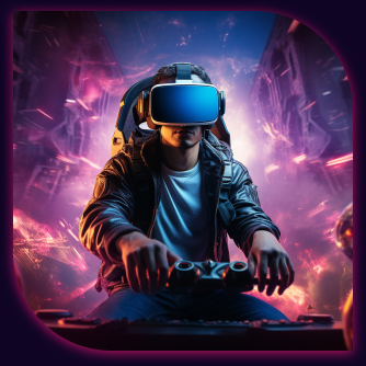 Person wearing a VR headset in neon purple lighting